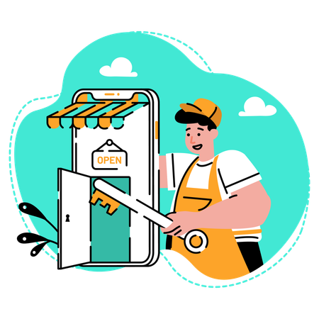The merchant opened his store on mobile e-commerce apps  Illustration