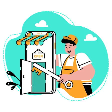 The Merchant Opened His Store On Mobile E Commerce Apps Illustration Illustration