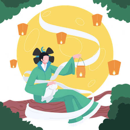 The Moon Goddess Sits Looking At The Moonlight  Illustration