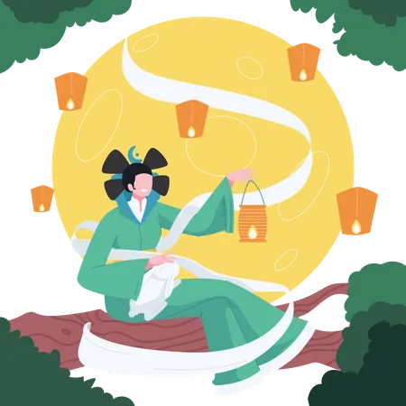 The Moon Goddess Sits Looking At The Moonlight  Illustration