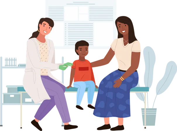 The Nurse With A Syringe Vaccinates The Child African American People At The Medical Laboratory Female Character Works At Clinic With Special Equipment A Doctor Giving An Injection To A Little Boy Illustration