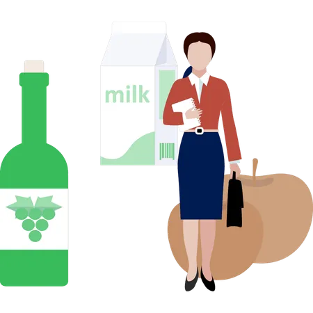 The office lady is standing near milk product  Illustration