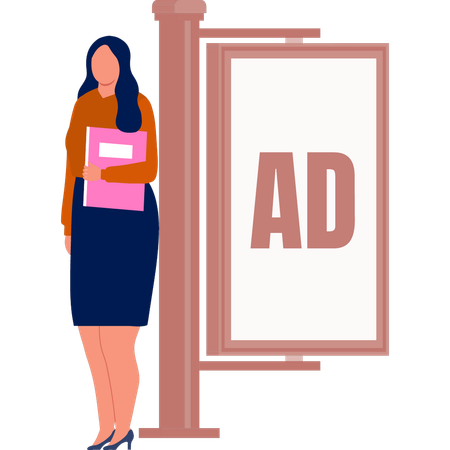 The office lady with file standing near bill board  Illustration
