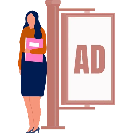 The office lady with file standing near bill board  Illustration