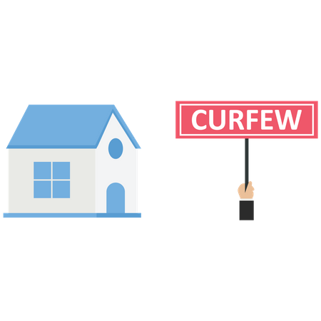 The officer shows a curfew sign at the house  일러스트레이션