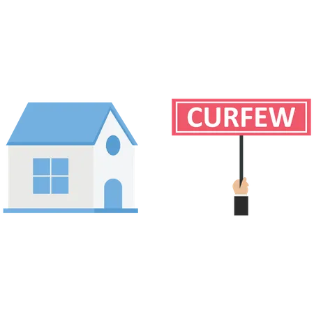 The officer shows a curfew sign at the house  일러스트레이션