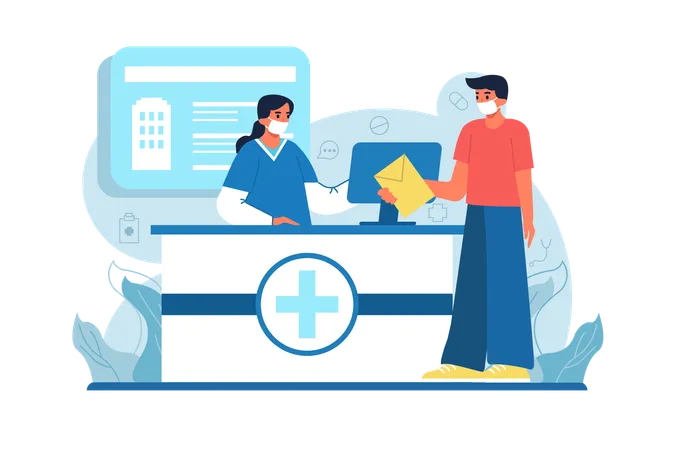 Medicine Blue Concept Reception At The Hospital With People Scene In The Flat Cartoon Style The Patient Came To The Hospital Reception To Ask About A Doctors Appointment Vector Illustration Illustration