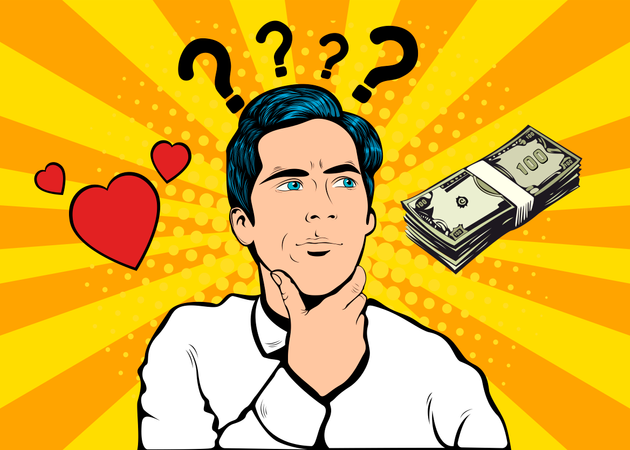 The question of choice between love and money and family and career  Illustration