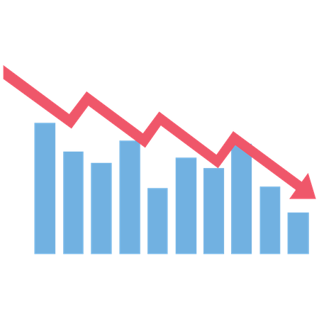 The red arrow is moving down over a bar graph and a world map  Illustration