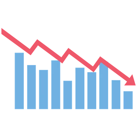 The red arrow is moving down over a bar graph and a world map  Illustration