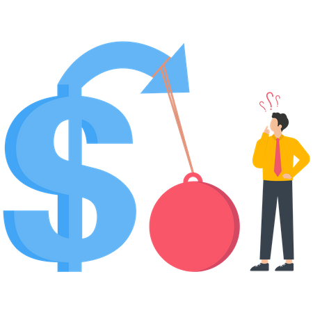 The red iron ball is tied to the rising dollar sign and prevents the dollar sign from growing  イラスト