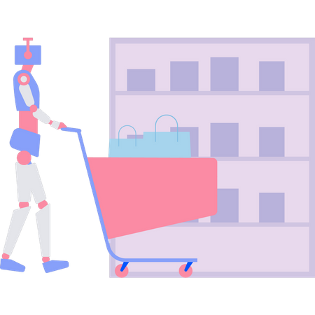 The robot is carrying a shopping trolley Illustration