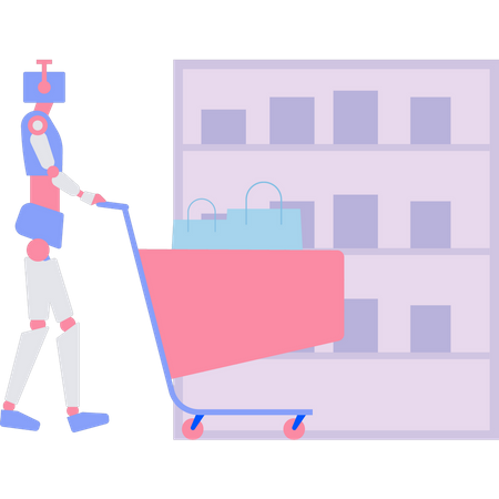 The robot is carrying a shopping trolley  Illustration