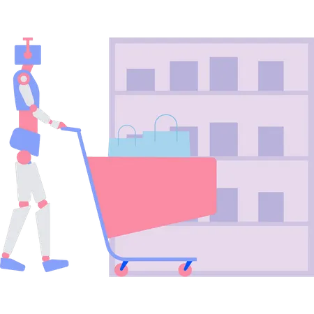 The robot is carrying a shopping trolley  Illustration