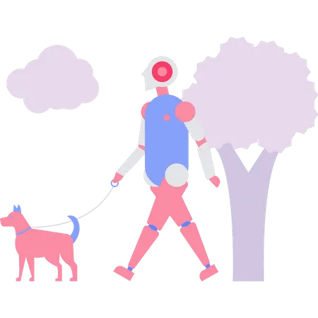 The robot is taking the pet for a walk  Illustration