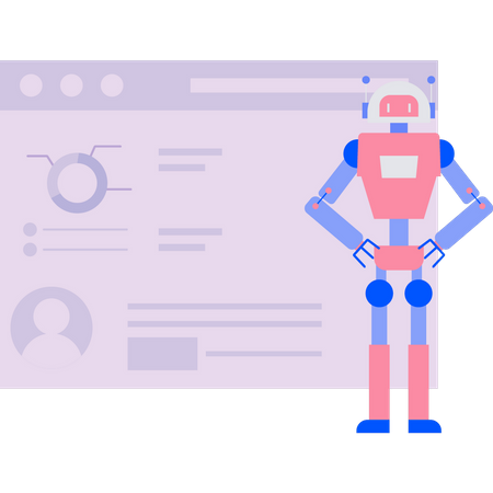 The robot is working on a chart report on a web page  Illustration