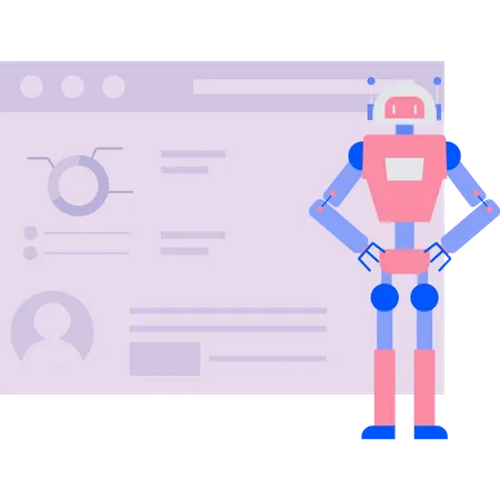 The robot is working on a chart report on a web page  Illustration