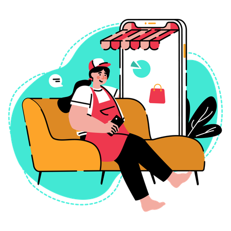The seller casually monitors her e-commerce through a mobile device  Illustration