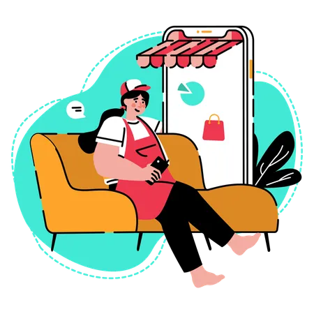 The Seller Casually Monitors Her E Commerce Through A Mobile Device Illustration Illustration