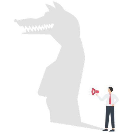 The shadow of a businessman holding a megaphone standing and shouting is a wolf  Illustration