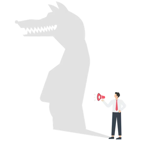 The shadow of a businessman holding a megaphone standing and shouting is a wolf  Illustration