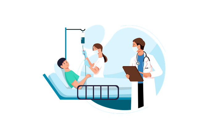 The sick young person lies with dropper near with doctor and nurse measuring dropper at the hospital  Illustration