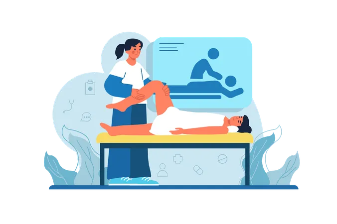 Medical Massage Medicine Blue Concept With People Scene In The Flat Cartoon Style The Specialist Massages The Patient To Reduce Joint Pain Vector Illustration Illustration