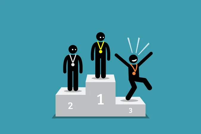 The stick figure person in third place is happier than the people in the first and second place  Illustration