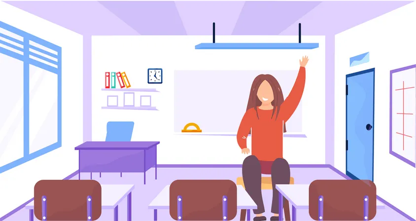A Young Girl Raises Her Hand Up Sitting In Empty Classroom The Student Is Ready For Entrance Exams Happy Schoolgirl Sits At The Desk In Class In Front Of Desks And Chairs Pupil In Class At School Illustration