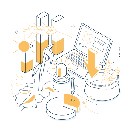 The Threat Of A Lean Year Colorful Isometric Line Illustration Composition With Withered Sprout Declining Statistics Graphs Laptop And Ears Of Wheat Crop Failure Idea Illustration