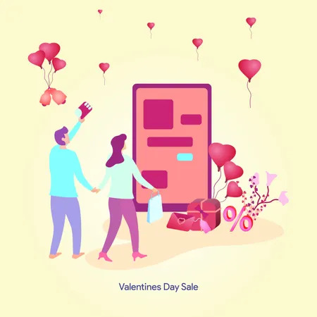 The Valentines Day Illustration Landing Page The Shopping Concept Of Lovers A Man Carrying A Shopping Voucher And A Woman Carrying A Shopping Bag Can Be Used For Web UI Posters Vector Illustration