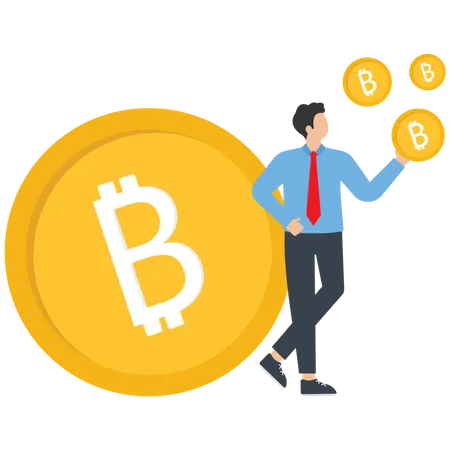 The Value Of Bitcoin And Cryptocurrency Is Higher Than Dollar Money A Businessman Investor Stands With Coins Of Dollar Money Leaning On Bitcoin Little Man Big Coin Interest Vector Illustration