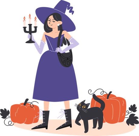 Witch girl walking with black cat among pumpkins  Illustration