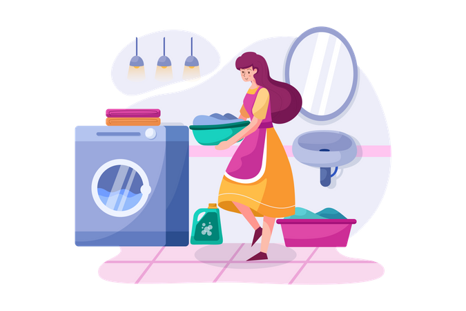 The woman bringing clothes to the washing machine  Illustration