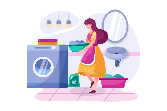 The woman bringing clothes to the washing machine  Illustration