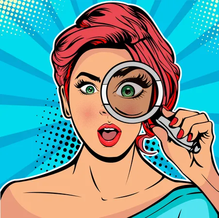 The woman is a detective looking through magnifying glass search Illustration