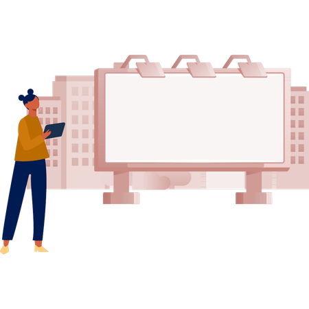 The woman is checking company bill board advertisement  Illustration