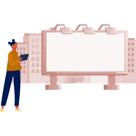 The woman is checking company bill board advertisement  Illustration