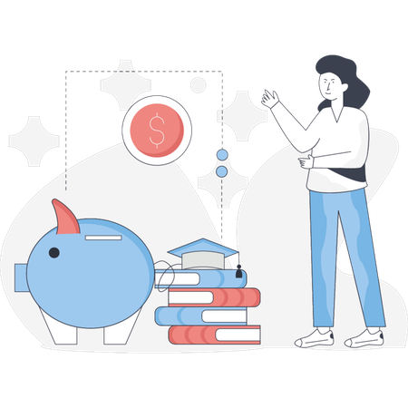 The woman is collecting money in piggy bank  Illustration