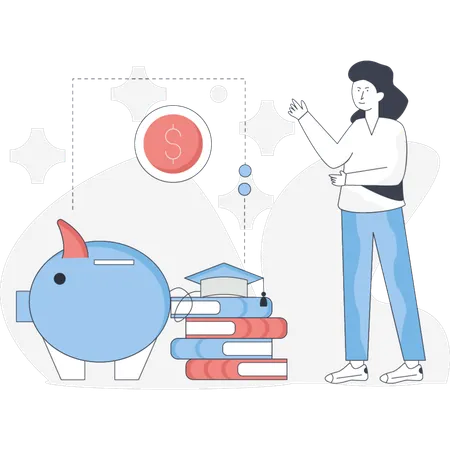 The woman is collecting money in piggy bank  Illustration