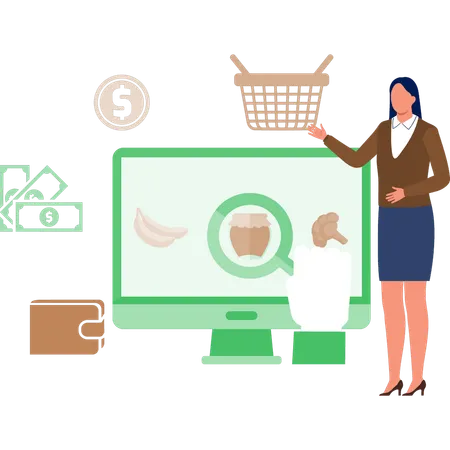 The woman is doing research online shopping  Illustration