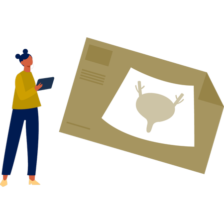 The woman is looking at the search report  Illustration