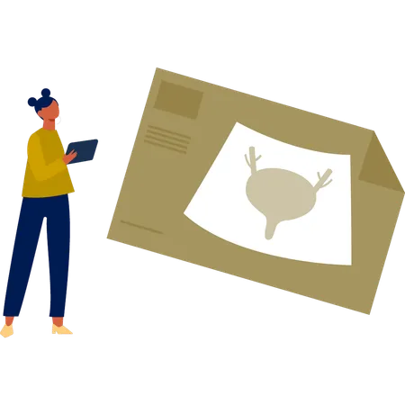 The woman is looking at the search report  Illustration