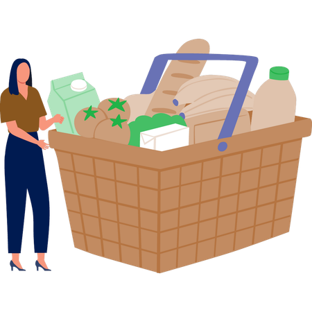 The woman is pointing grocery basket  Illustration