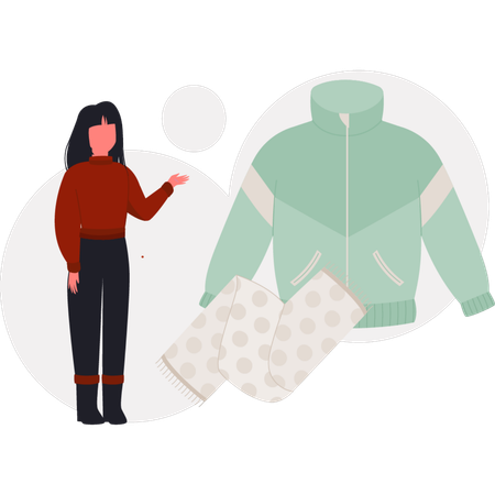 The woman is pointing winter coat and scarf  Illustration