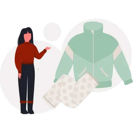 The woman is pointing winter coat and scarf  Illustration