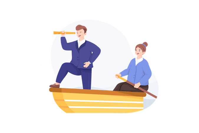 The woman is rower and businessman looking to a telescope Illustration
