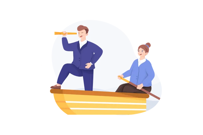 The woman is rower and businessman looking to a telescope Illustration