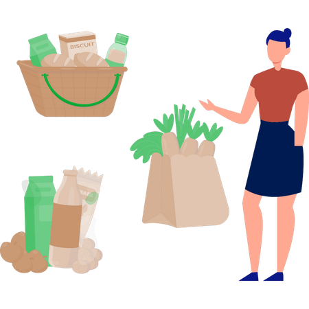 The woman is showing grocery product  Illustration