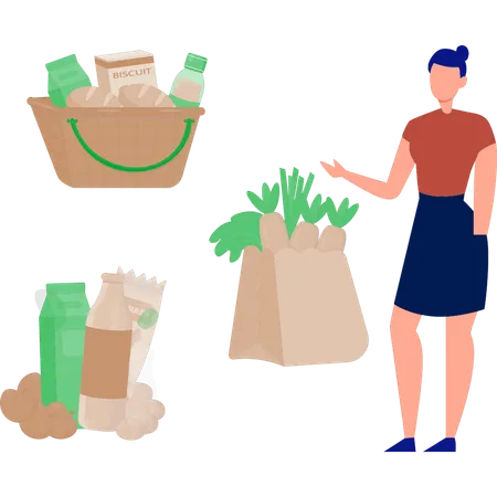 The woman is showing grocery product  Illustration